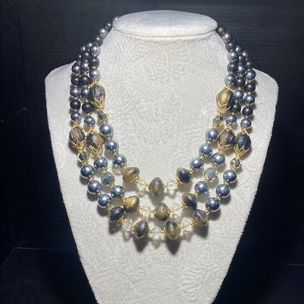 Vintage Triple strand Gold and Silver Necklace with Faceted Beads